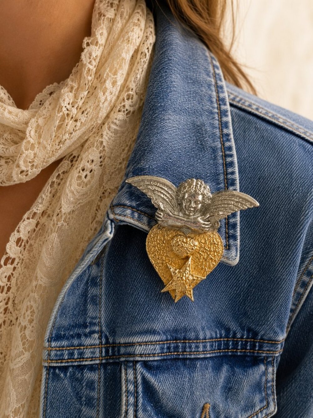 Vintage Signed Ultra Crafts Cherub Heart Brooch Cupid Angel Gold & Silver-Tone